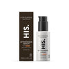 Madara HIS After Shave Serum; pullo ja laatikko partaveden jälkeistä hoitoseerumia miehille, rauhoittava kaava luomuainesosin, koko 75 ml; laatikko on suorakulmainen tummanmatta valkoisella suurella groteskitekstillä; sylinterinmuotoinen muovipullo on valkoinen mustalla pumppuannostelijalla ja yksinkertaisella etiketillä; ei ihmisiä tai käsiä näkyvissä, tuotteet vaalealla taustalla suoraan edestä.