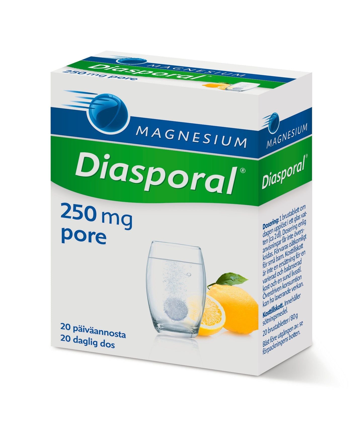 Box of Diasporal Magnesium 250 mg pure supplement featuring an image of a dissolving tablet in water, a lemon slice, and a green label. Text in multiple languages appears on the box. The box is rectangular with matte finish, white background, and bold sans-serif typography in blue and green. No people or hands are visible; shot taken against plain background.