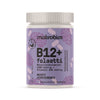 A bottle of Makrobios B12+ folate supplement with a purple matte label, white plastic cap, and cylindrical shape is shown. The label features stylized white brain illustrations, bold sans-serif Finnish text, and indicates 60 tablets. The bottle is photographed against a plain background with even lighting. A bottle of Makrobios B12+ folate supplement with a purple label featuring brain illustrations and Finnish text stands out. The white-capped bottle contains 60 tablets, supporting cognitive function.