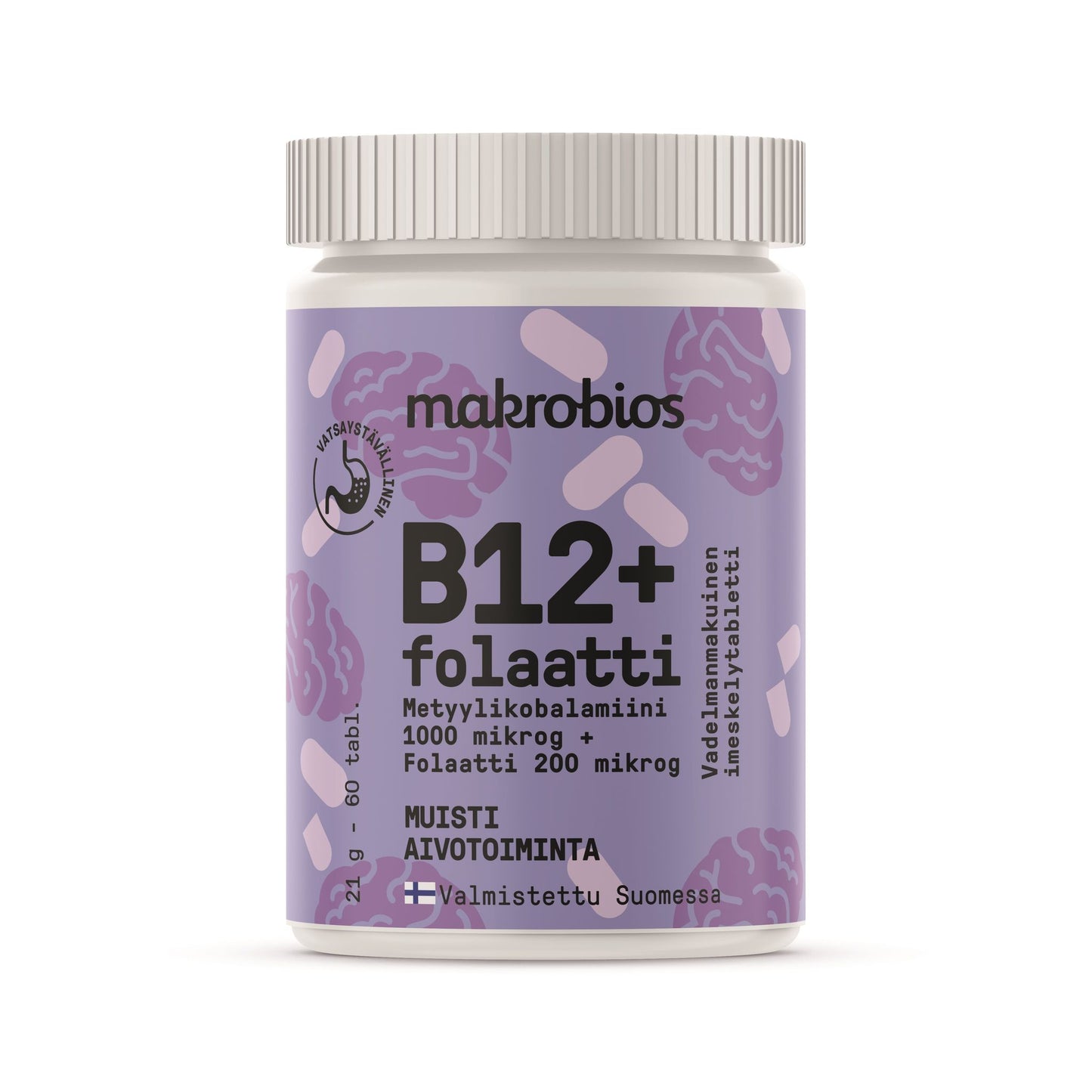 A bottle of Makrobios B12+ folate supplement with a purple matte label, white plastic cap, and cylindrical shape is shown. The label features stylized white brain illustrations, bold sans-serif Finnish text, and indicates 60 tablets. The bottle is photographed against a plain background with even lighting. A bottle of Makrobios B12+ folate supplement with a purple label featuring brain illustrations and Finnish text stands out. The white-capped bottle contains 60 tablets, supporting cognitive function.