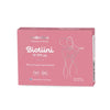 A pink box of Makrobios Biotiini 10,000 µg supplements features a minimalist line drawing of a person, a Finnish flag icon, and text indicating it is made in Finland with 60 tablets per box. The surface finish is matte. Packaging is rectangular cardboard. Main fonts are bold sans-serif for the product name and smaller sans-serif for details. Background is plain white; no people or hands visible; standard front-facing product shot.