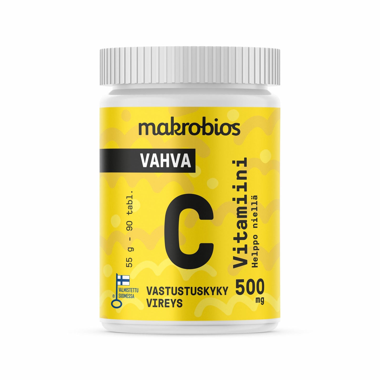 A white bottle labeled makrobios VAHVA C Vitamiini 500 mg, with yellow accents and black text, contains 90 tablets of vitamin C. Finnish text highlights immune support and energy, emphasizing daily wellness. Cylindrical plastic container with a matte finish; tall sans-serif typography on the label; plain background; no people or hands visible.
