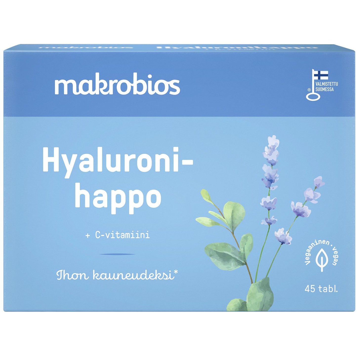Makrobios Hyaluronihappo + C-vitamiini; sininen Makrobios-rasia laventelikukka- ja lehtikuvituksella; suorakulmainen matta rasia; etuosassa merkintä ”45 tbl” ja muu suomenkielinen teksti groteskilla; tuotenimi valkoisin kirjaimin; ei ihmisiä, valkoinen tausta.