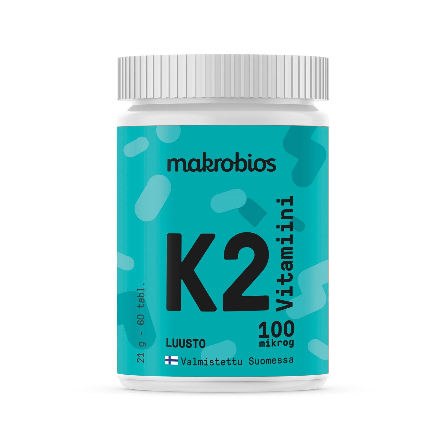 A turquoise plastic bottle with a matte finish and a cylindrical shape; white screw-on cap; label displays “makrobios K2 Vitamiini 100 mikro g” with additional Finnish text in clear sans-serif typography; the label includes abstract shapes. The product is photographed against a plain, evenly lit background with no people visible.