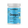 A white plastic bottle of makrobios Omega-3 fish oil capsules with a matte finish, cylindrical shape, and screw cap. The blue label features illustrations of yellow and blue sea creatures. Sans-serif text in Finnish is printed on the label. The background is plain white. The shot is a product close-up with no people or hands visible.