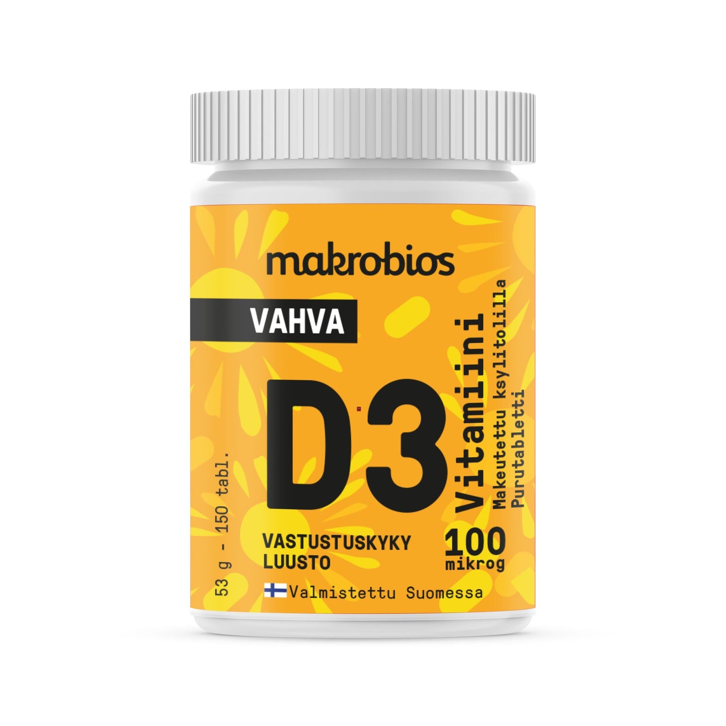 A yellow and white plastic bottle labeled D3 Vitamiini with sun graphics, makrobios, and 100 mikrog printed on the label. The container is cylindrical with a screw cap and a matte finish. Finnish text mentions immunity and bone benefits. Label also states 150 tablets, 53g, Vitamin D3 supports overall wellness and strong bones. Neutral background, no people present.
