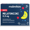 Makrobios Mieto Melatoniini 0,5 mg; laatikko Makrobios Melatoniini 0,5 mg -tabletteja vadelman maussa; suorakulmainen pahvilaatikko mattatummansinisenä, painettuna hymyilevä kuu, keltaisia tähtiä ja punaisia vadelmia; valkoinen groteskiteksti lihavoituna tuotenimelle ja annostukselle; ei ihmisiä tai käsiä kuvassa, sisältää 60 tablettia.