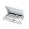 Open white box containing multiple Maurten GEL 100 energy gel packets arranged in a row, with distinctive black and white packaging and innovative hydrogel technology visible. Box is rectangular and made of matte white cardboard. Packets are narrow, flexible pouches with matte surfaces, showing bold sans-serif labeling in white on black. Background is plain and light-colored; no people or hands present. Shot is front-facing at slight overhead angle.