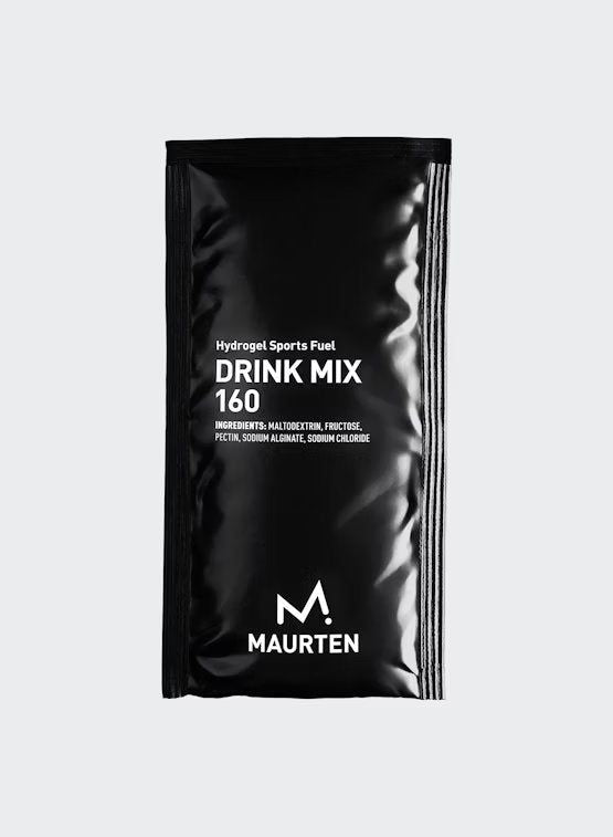 A black packet labeled Hydrogel Sports Fuel Drink Mix 160 by Maurten. This energy mix contains ingredients such as maltodextrin, fructose, pectin, sodium alginate, and sodium chloride. The packet is rectangular with a matte finish and features simple white sans-serif text centered on the front. No people or hands are present; background is plain white and uncluttered.