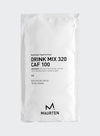 A white, rectangular matte packet stands upright against a plain background. Black sans-serif text reads “Maurten Drink Mix 320 Caf 100” with additional small-print ingredient and caffeine content details. The Maurten logo is positioned at the bottom of the package. No people or hands are present in the image.