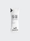 A white packet labeled Maurten Hydrogel Sports Fuel Gel 100 CAF 100, featuring hydrogel technology, with ingredients and caffeine content listed in black text on the front. Rectangular sachet with crimped edges and a tear notch at the top. Matte finish packaging. Sans-serif black typography is used for all visible label text. Plain white background, no people or objects present. Shot is a straightforward product close-up showing only the front of the packet.