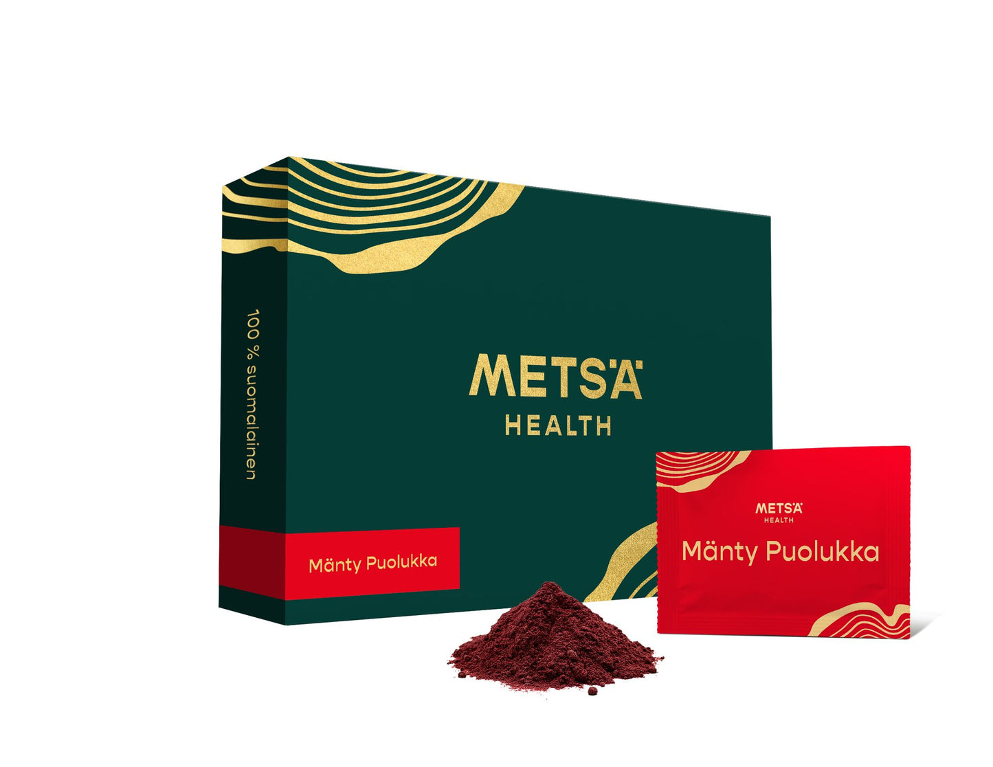 A green rectangular box with gold trim and a matte finish displays METSA HEALTH and Mänty Puolukka in clear, sans-serif type on a red label. Next to the box is a single-use red sachet, also rectangular, and a small mound of finely ground dark red powder. All items are set against a plain background with no people or actions visible.