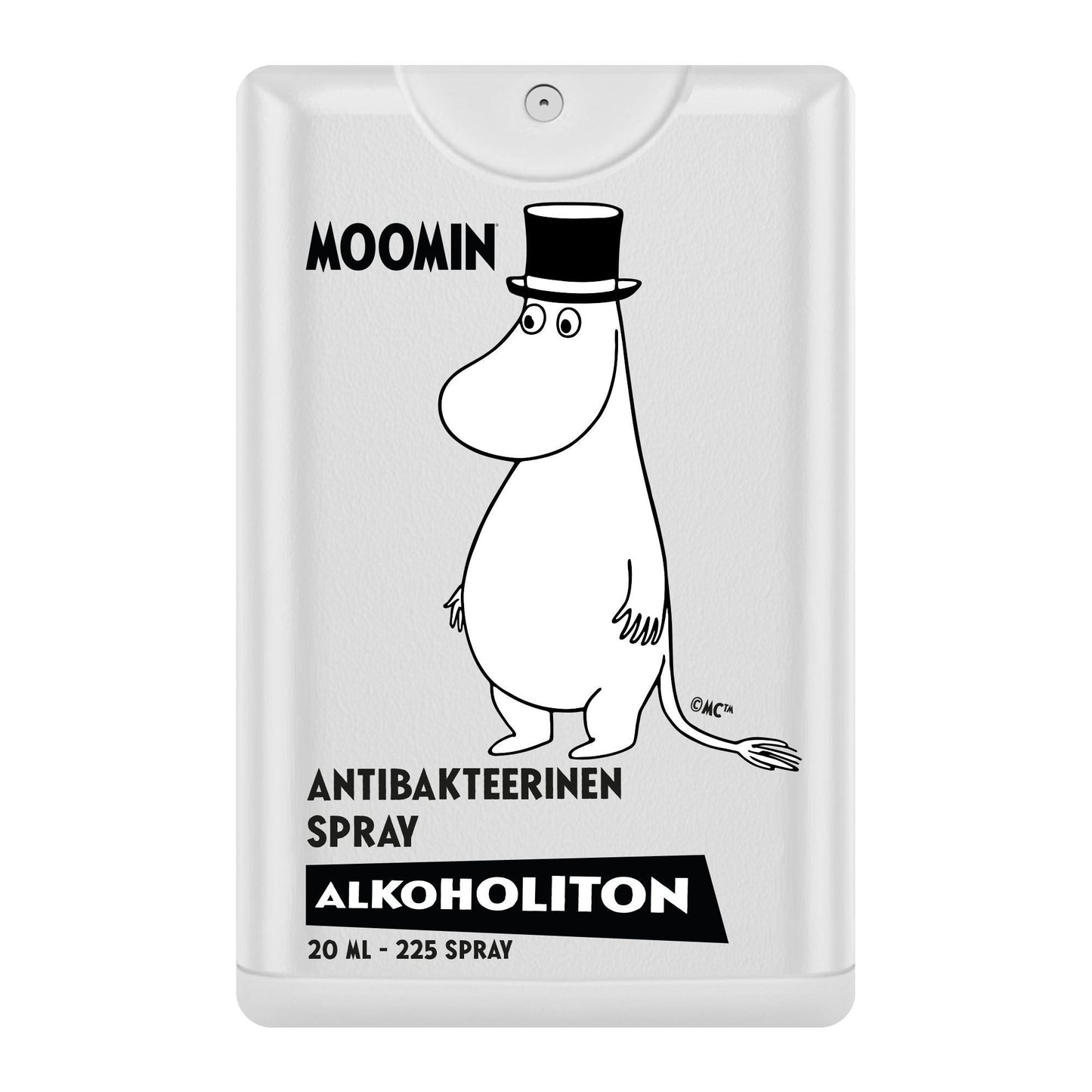 Moomin Alkoholiton Antibakteerinen Käsisuihke; valkoinen mattapintainen lieriömäinen suihkepullo suihkesuuttimella; etuosassa mustaviivainen kuvitus silinterihattua käyttävästä Muumihahmosta; luettava etiketti: MOOMIN Antibakteerinen Spray Alkoholiton 20ml - 225 Spray; yksinkertaista groteskityypografiaa enimmäkseen isoin kirjaimin; vaalea tausta, ei ihmisiä tai käsiä; suoraviivainen tuotekuva.