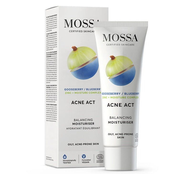 Mossa Acne Act Balancing Moisturiser tube and accompanying box are upright on a plain background. Both items are white with a matte finish. The front displays a realistic gooseberry photo, simple sans-serif black and silver lettering, and small icons for vegan, eco-friendly, and dermatologically tested claims. No people are present.