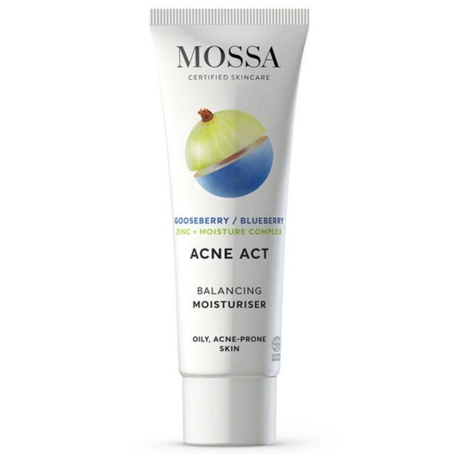 A tube of MOSSA Acne Act Balancing Moisturiser for oily, acne-prone skin, featuring a vibrant image of gooseberry and blueberry on the front, with product details in sleek black and blue text. The tube is upright, white with a glossy surface, rounded edges, and a screw-on cap. Background is plain white. No people or hands are visible in the shot.