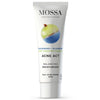 Mossa Acne Act Kosteusvoide; tuubi MOSSA Acne Act Balancing Moisturiser -kosteusvoiteelle rasvoittuvalle ja aknealttiille iholle, eloisa karviais- ja mustikkakuva etusivulla, tuotetiedot tyylikkäin mustin ja sinisin tekstein; tuubi pystyssä valkoisena kiiltäväpinnalla, pyöristetyin reunoin ja kierrekorkilla; tausta valkoinen, ei ihmisiä tai käsiä näkyvissä.