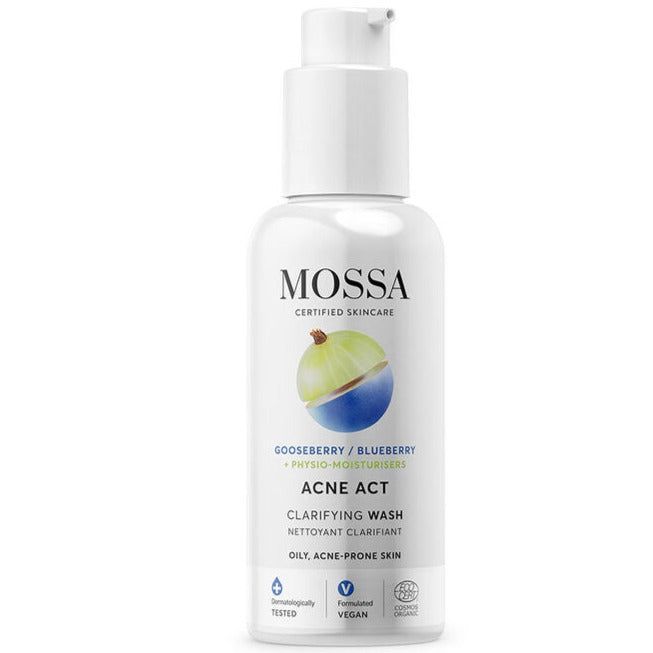White bottle of MOSSA Acne Act Clarifying Wash with a picture of a gooseberry, blue text, and vegan, dermatologically tested, and formulated without icons. This 150 ml bottle features a convenient pump dispenser. The surface is matte plastic with a cylindrical shape and rounded edges. The label has clear sans-serif type in blue and black. No hands or people are visible; white studio background; product centered in frame.