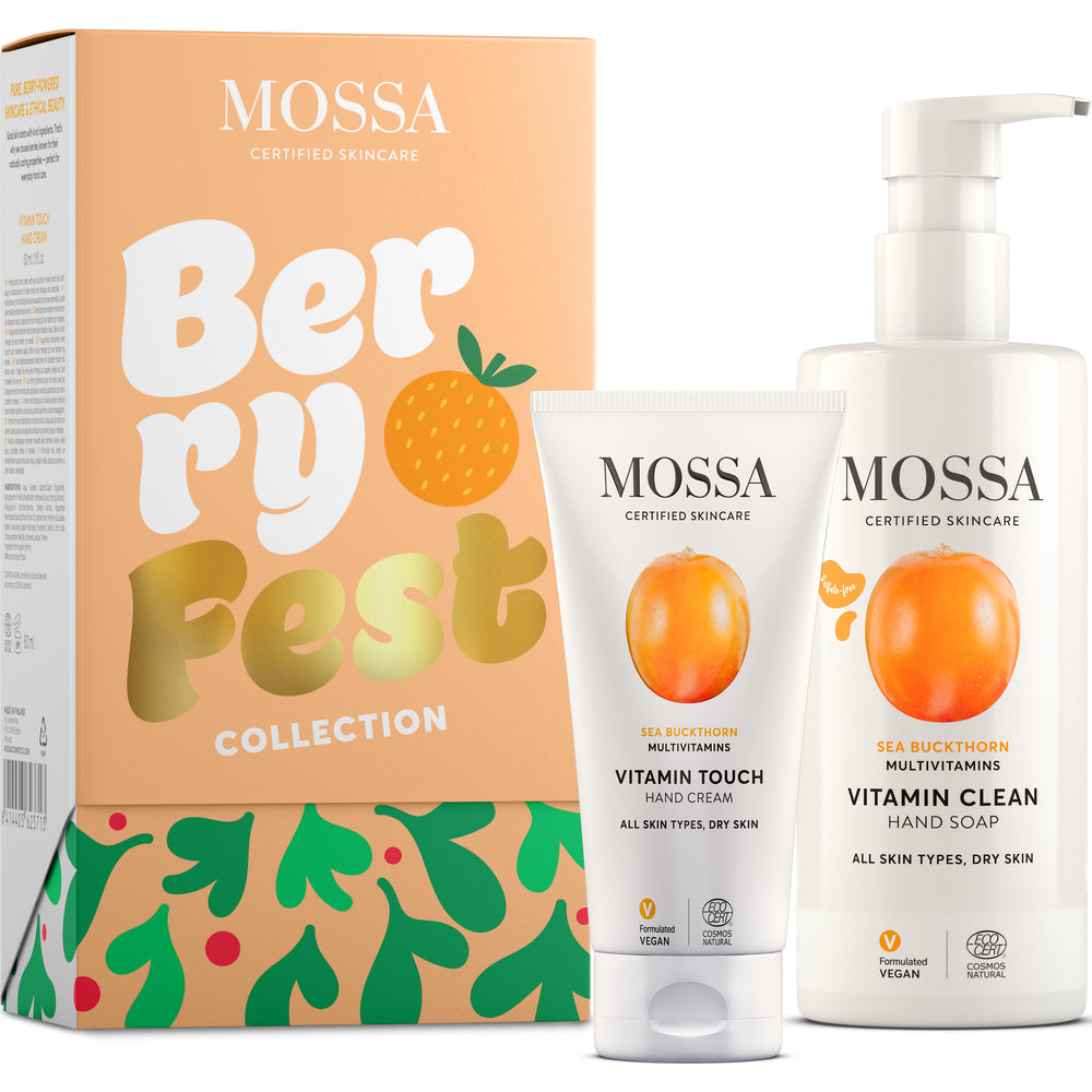 Mossa Berryfest Collection -joulurasia, tyrnikäsisaippua ja -käsivoide valkoisella taustalla