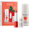Mossa Strawberry Joy -lahjapakkaus: punainen mansikkarasia, Fresh Moisture -deodorantti ja mansikkahuulivoide