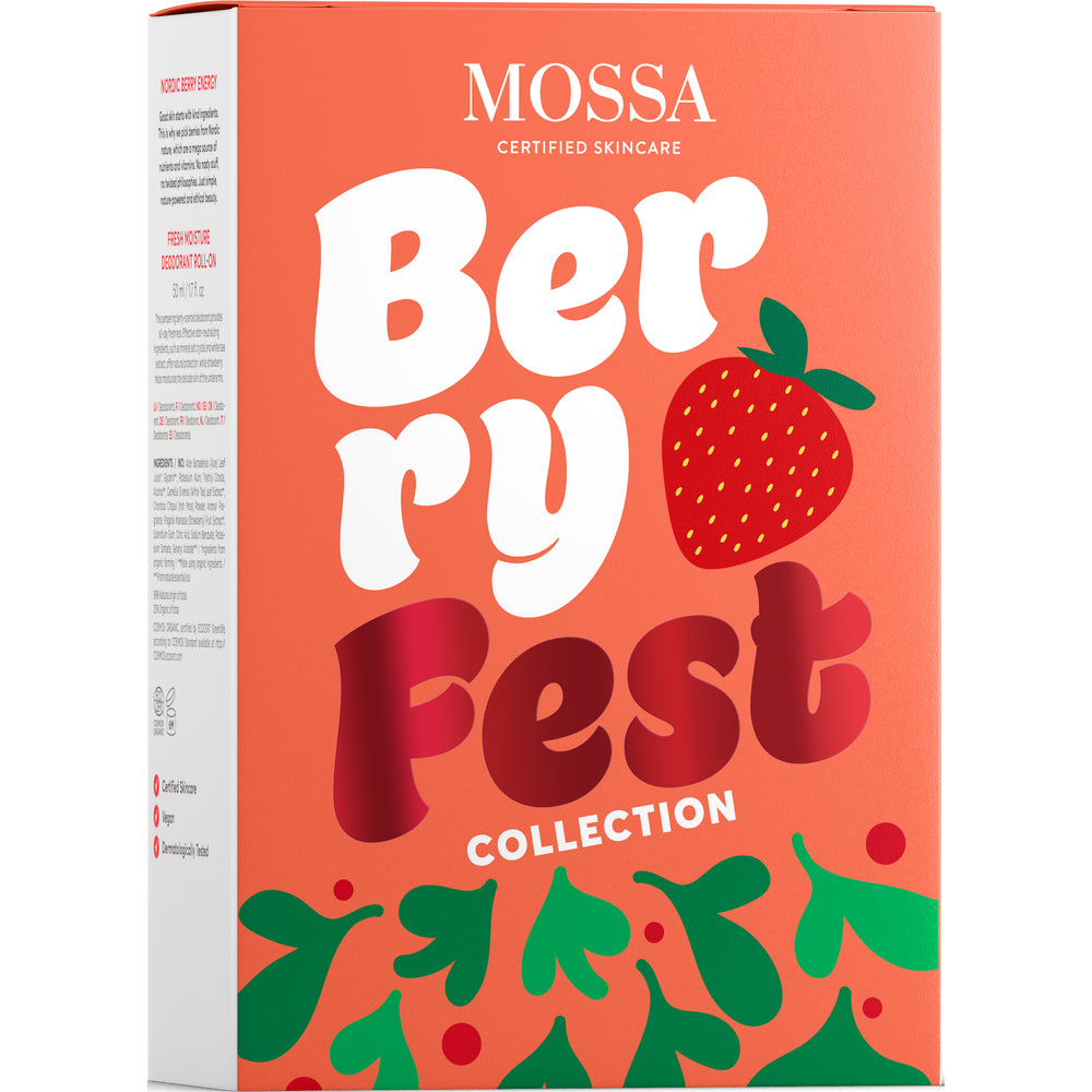 Mossa Berryfest Collection -joululahjarasia punaisella mansikkakuvituksella