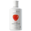 White bottle of MOSSA Vitamin Moisture Shampoo with a strawberry image on the front. Bottle is cylindrical with a matte white finish and has a white flip-top cap. Legible label text mentions strawberry oil, vitamins, and suitability for all hair types. Typography is modern sans-serif in black and red. Bottle is standing upright against a plain white background. No people or hands visible in the shot.