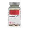 A clear plastic cylindrical bottle labeled Acerola C contains white capsules. The matte label uses sans-serif fonts, primarily in black text on a white background, with accents of red. Label includes: 100% luonnollinen C-vitamiini, Natura Media, 80 capsules per bottle. No people or hands are visible. The product is photographed against a plain white backdrop.