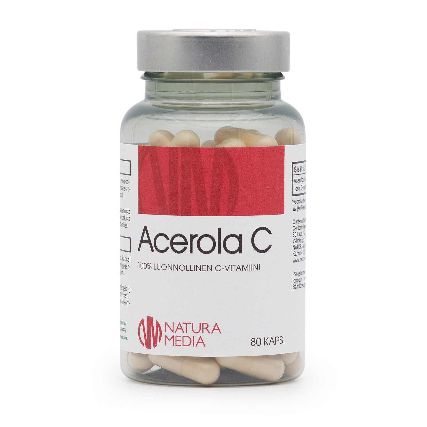 A clear plastic cylindrical bottle labeled Acerola C contains white capsules. The matte label uses sans-serif fonts, primarily in black text on a white background, with accents of red. Label includes: 100% luonnollinen C-vitamiini, Natura Media, 80 capsules per bottle. No people or hands are visible. The product is photographed against a plain white backdrop.