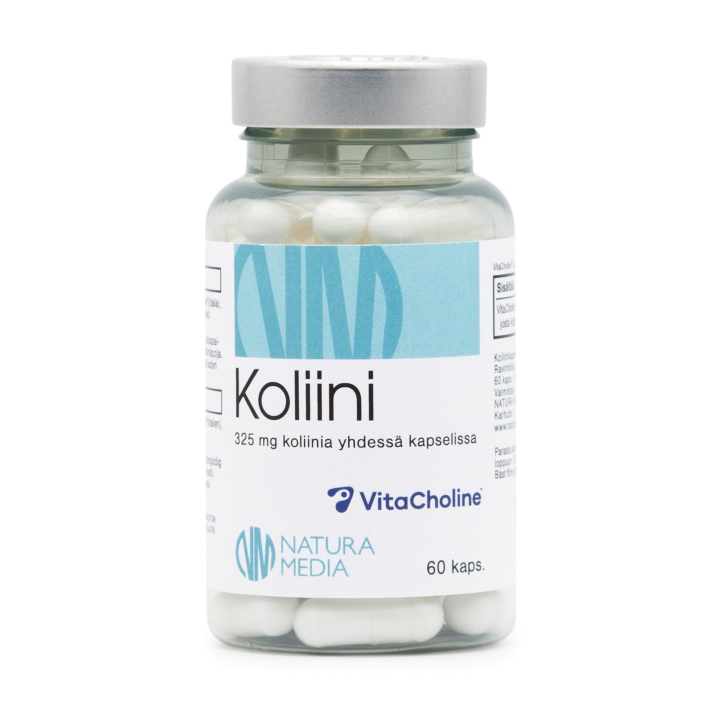 A clear plastic cylindrical bottle labeled Koliini contains uniform white capsules. The label is matte, primarily white with blue and black text, and includes 325 mg of choline per capsule, 60 capsules total, and the VitaCholine logo in color. Sans-serif font used for most text. Product is photographed upright against a plain light background with no people or hands included.