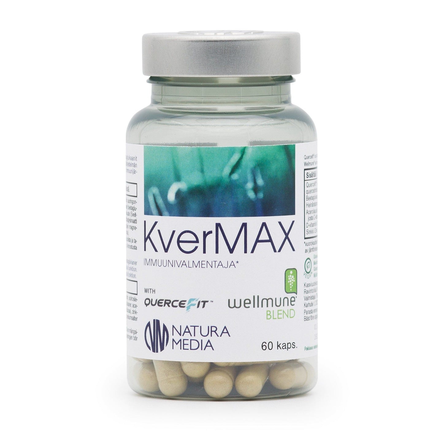 A bottle of KverMAX immune supplement capsules by Natura Media, containing 60 capsules. The bottle is white plastic with a matte finish and has a white screw cap. The label displays the product name in bold sans-serif black text and includes Quercefit and Wellmune Blend logos. No people or hands are visible. The background is plain white, with a centered product shot.