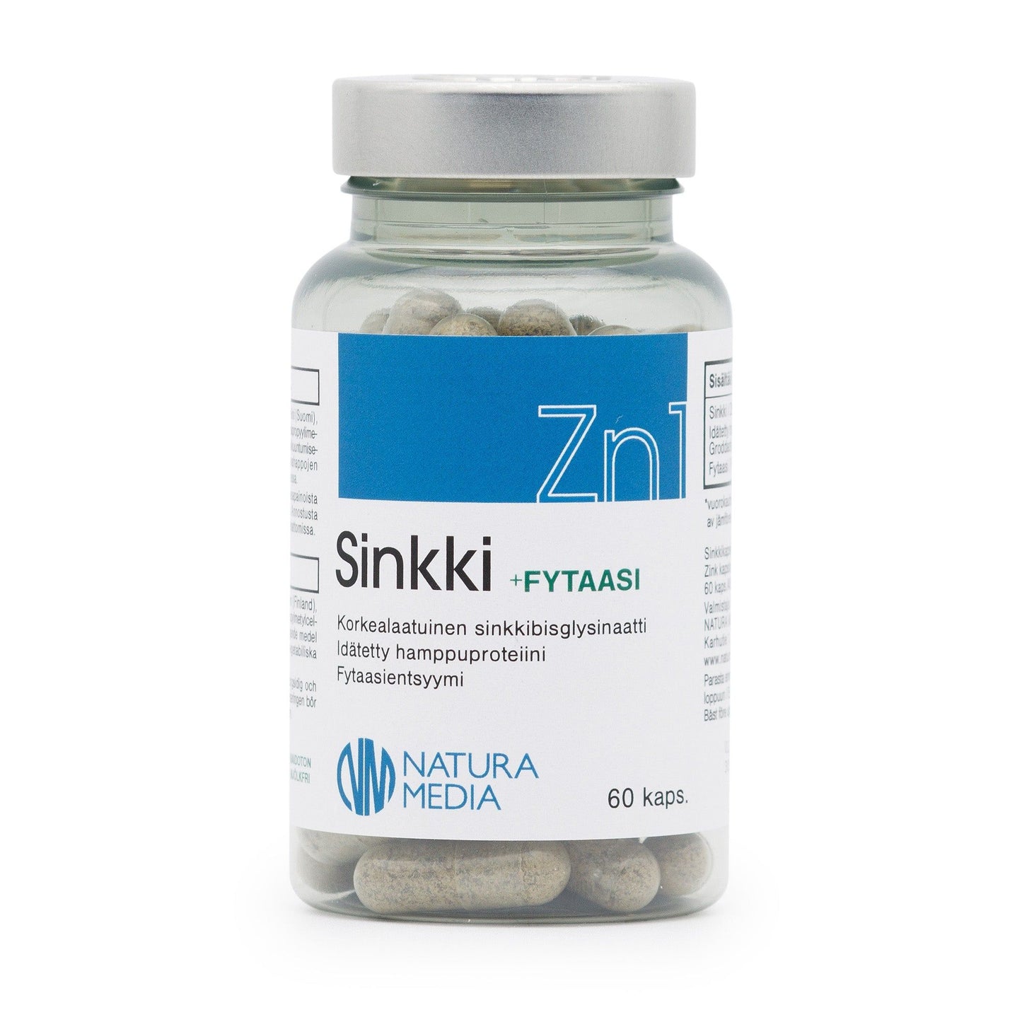A bottle of Natura Media Sinkki + Fytaasi dietary supplement capsules, labeled in Finnish, containing 60 carefully formulated capsules. The plastic bottle has a cylindrical shape with a matte white label and glossy green cap. The label uses blue and green sans serif text. Only the product is visible; no people or background elements are shown.