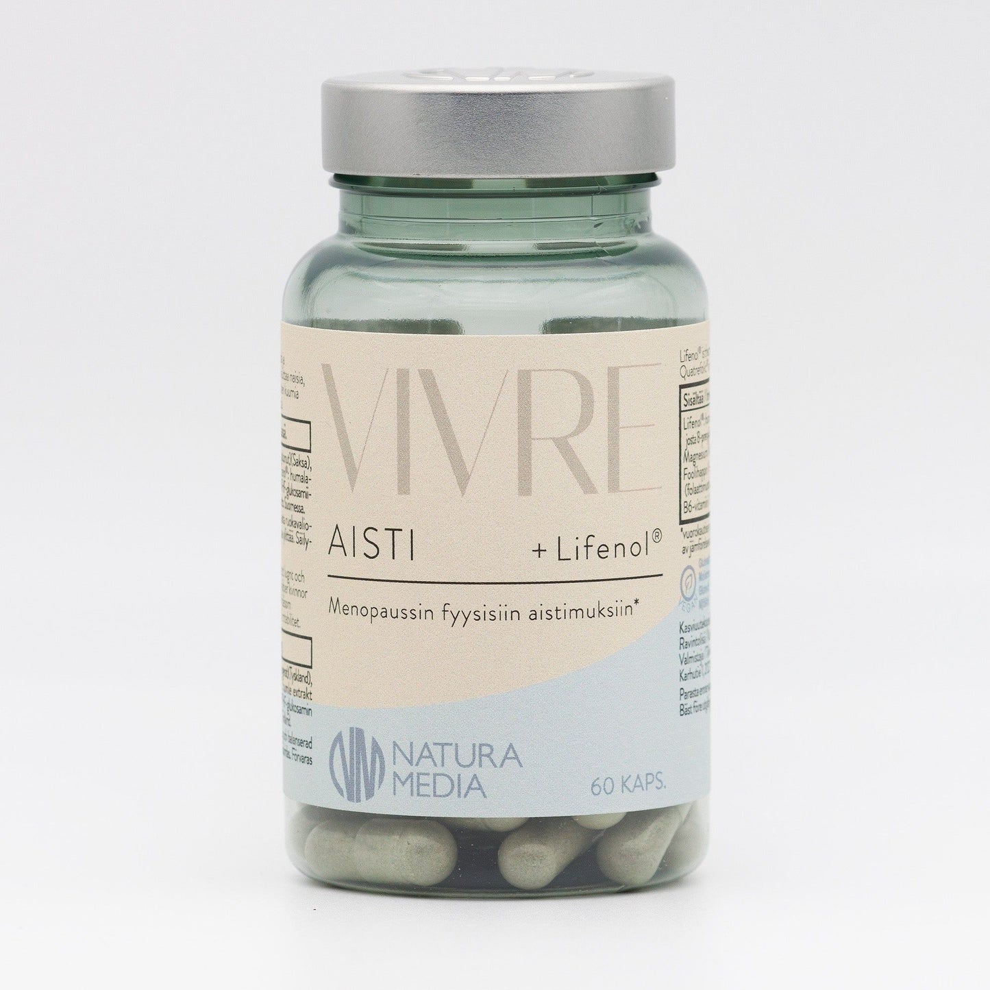 Natura Media VIVRE® Aisti; pullo Vivre Aisti + Lifenol -kapseleita Natura Medialta, sisältää 60 kapselia; etiketti mainitsee luonnollisen tuen vaihdevuosiin liittyville fyysisille tuntemuksille suomeksi; pullossa vaaleanvihreä muovikansi, valkoinen mattapintainen lieriömäinen runko ja kiiltäväpintaiset painetut etiketit vihrein ja pinkein lihavoiduin tekstein; ei ihmisiä tai käsiä; tuote tasaisesti valaistulla neutraalilla taustalla.