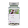 A bottle labeled Vitex featuring an image of purple flowers, containing 60 capsules. The container is cylindrical and white with a screw cap. The label background is mostly white with sections of light color, uses sans-serif and serif fonts for different label elements, and includes wording in a structured layout. Product sits on a plain background with no people or hands visible.