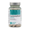 A bottle of Natura Media Superpeptaasí dietary supplement with white capsules inside. The bottle is opaque white plastic with a cylindrical shape and a matte finish, topped by a smooth screw cap. Label uses bold sans-serif fonts; primary colors are blue, green, and white. Text includes “120,000 PC” and “80 kaps.” Background is plain white with no people present.