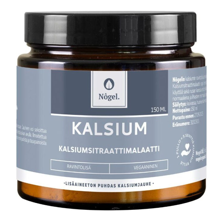 Nôgel Kalsiumjauhe -purkki valkoisella taustalla, ravintolisä- ja vegaanimerkinnät sekä lahjoitusbadge näkyvissä