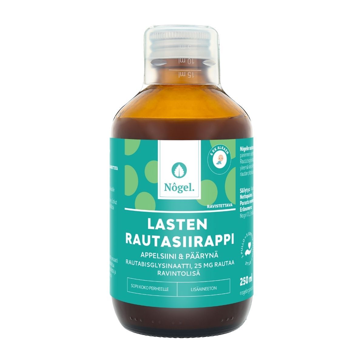 A brown bottle labeled Nögel Lasten Rautasiirappi, an iron syrup for children, features an orange and pear flavor. The teal label, accented with green and white circles, contains text in Finnish. 250 ml size. Matte finish on the bottle; cylindrical plastic cap; label uses sans-serif font. Plain white background; product centered in the frame; no people or actions visible.