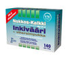 Nokkos-Kalkki-Inkivääri + Vihersimpukka -pakkaus, kalsiumia, magnesiumia, D3- ja C-vitamiinia luiden, nivelten ja lihasten tueksi, 140 tablettia; valkoinen-vihreä mattapintainen rasia, ainesosakuvakkeita