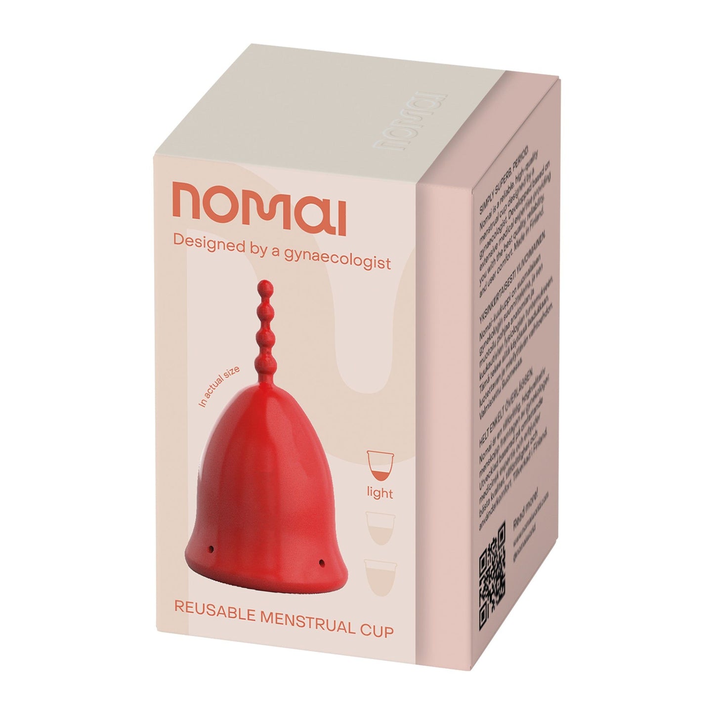 Nomai kuukuppi punainen; suorakulmainen, mattapintainen pakkaus pääosin valkoisena punaisin yksityiskohdin, etusivulla kuva punaisesta kuukupista; teksti "designed by a gynecologist" ja "reusable menstrual cup"; QR-koodi sivupaneelissa.