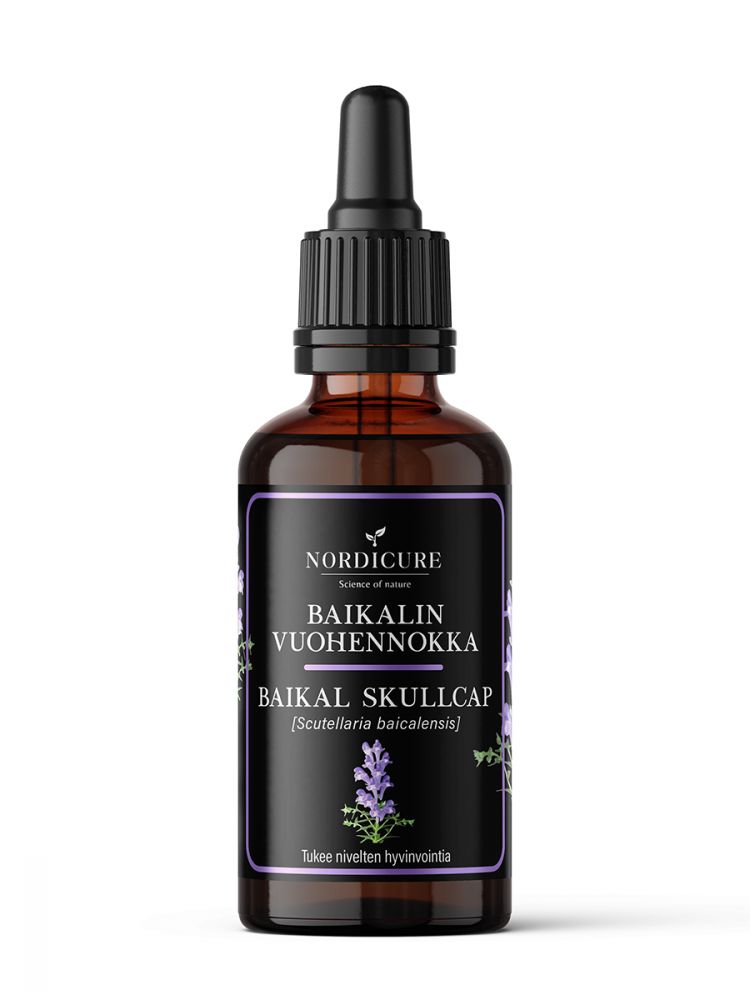 A brown glass dropper bottle labeled Baikal Skullcap with botanical illustrations and Finnish text, featuring a black dropper cap against a white background. The cylindrical bottle has a matte finish with clear label printing in modern sans-serif font. The setting is minimal, with no people or additional objects visible in the frame.