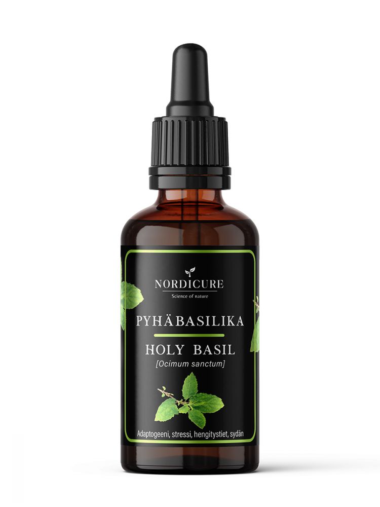 A dark glass dropper bottle labeled NORDICURE Pyhäbasilika Holy Basil (Ocimum sanctum) with vibrant green leaves on the label and a sleek black dropper cap. The bottle is cylindrical, the cap has a glossy finish, and the typography on the label is modern and sans-serif. The background is neutral with studio lighting. No people or hands are visible in the image.