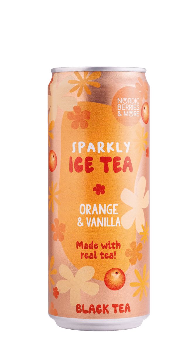 Nordic Berries & More Sparkly Ice Tea Orange & Vanilla, hiilihapotettu musta jäätee, 0,33 l tölkki