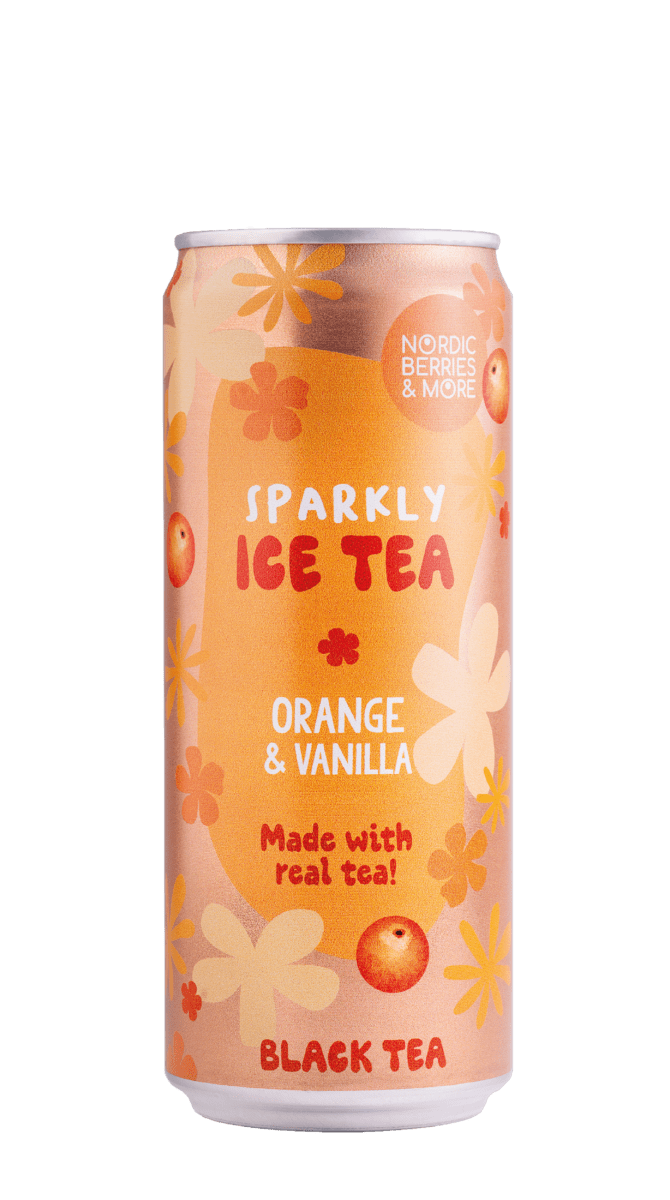 Nordic Berries & More Sparkly Ice Tea Orange & Vanilla, hiilihapotettu musta jäätee, 0,33 l tölkki