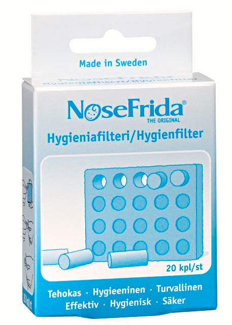 NoseFrida The Original -hygieniafiltterit 20 kpl -pakkaus, kuvassa valkoisia lieriömäisiä filttereitä.