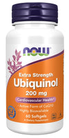 A bottle of NOW Extra Strength Ubiquinol 200 mg dietary supplement with 60 softgels, featuring the active form of CoQ10 for cardiovascular health and highly bioavailable support. White plastic cylindrical bottle with a matte finish and white child-proof cap. Purple, orange, and white label features bold sans-serif text; product name and dosage clearly visible. Plain background; no people or additional objects present. Standard front-facing studio product shot.