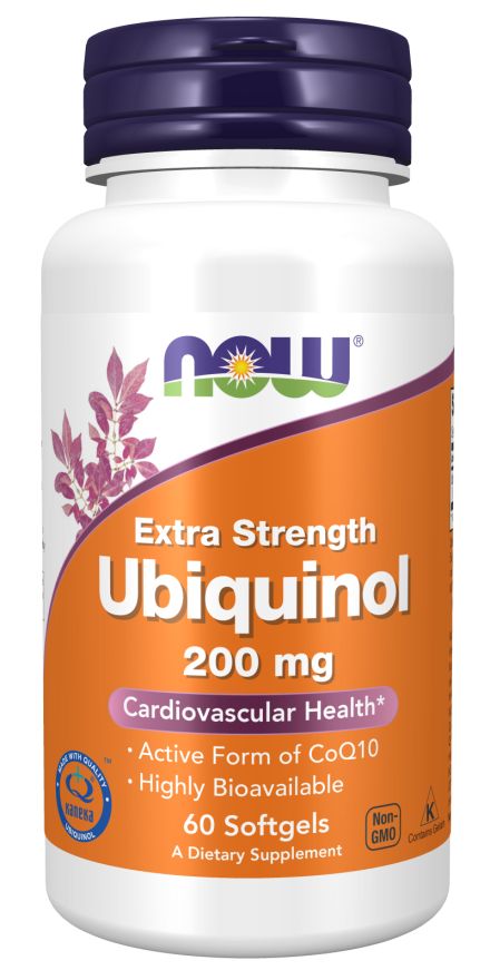 A bottle of NOW Extra Strength Ubiquinol 200 mg dietary supplement with 60 softgels, featuring the active form of CoQ10 for cardiovascular health and highly bioavailable support. White plastic cylindrical bottle with a matte finish and white child-proof cap. Purple, orange, and white label features bold sans-serif text; product name and dosage clearly visible. Plain background; no people or additional objects present. Standard front-facing studio product shot.
