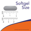 A single gray softgel capsule with a smooth, semi-glossy surface is centered on a plain background. Two clear rulers positioned beneath the capsule show measurements of about 0.9 inches and 2.2 cm in length. The image includes visible printed text: “Softgel Size” and “Size and color of the supplement may vary from the actual product.” No packaging or people are present.