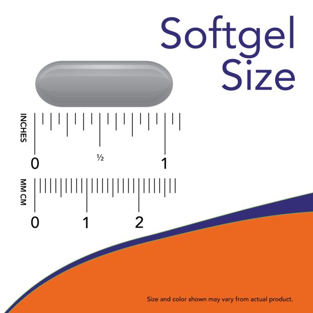 A single gray softgel capsule with a smooth, semi-glossy surface is centered on a plain background. Two clear rulers positioned beneath the capsule show measurements of about 0.9 inches and 2.2 cm in length. The image includes visible printed text: “Softgel Size” and “Size and color of the supplement may vary from the actual product.” No packaging or people are present.