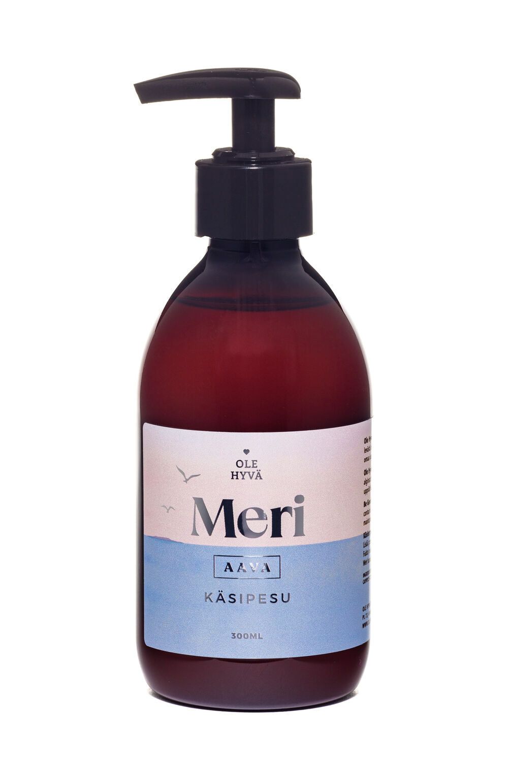 A brown plastic pump bottle with a glossy finish, cylindrical shape, and rounded shoulders. The front label reads “Meri Aava Käsipesu” with blue and white graphics showing stylized birds and wavy sea icons; text is simple sans-serif. The label also indicates 300ml content. Bottle is photographed isolated against a plain background.