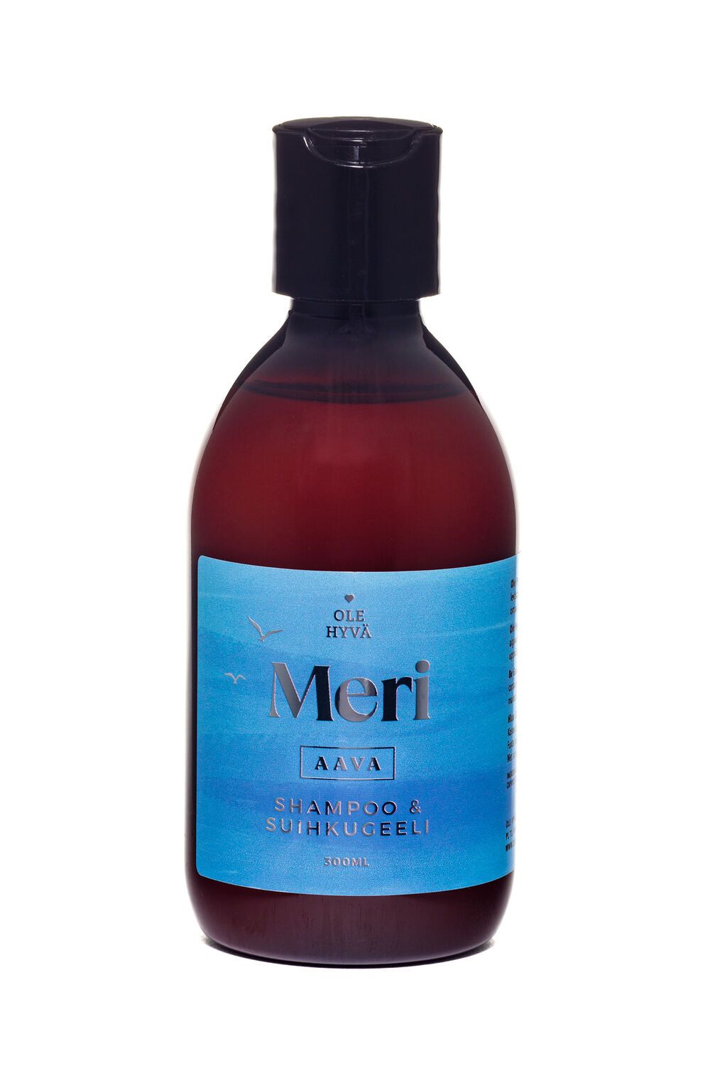 A brown plastic bottle with a black screw cap, cylindrical shape, and a glossy finish. The blue front label displays white illustration graphics of birds and waves. Sans-serif typography is used for the brand and product information, reading “Meri Aava Ole Hyvä shampoo & shower gel, 300ml”. Product placed against a plain background. No people or actions visible.