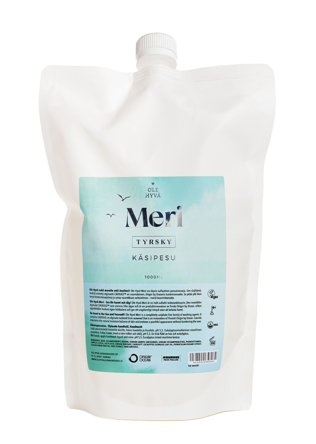 A refill pouch of Ole Hyvä Meri Tyrsky hand soap, featuring a matte plastic surface and a flexible, rectangular shape with a white dispensing cap. The light blue and white label has block sans-serif font, illustrations of birds, eco symbols, Finnish text, and basic ingredient info. No people or hands in the image. The background is plain white; close-up product shot.