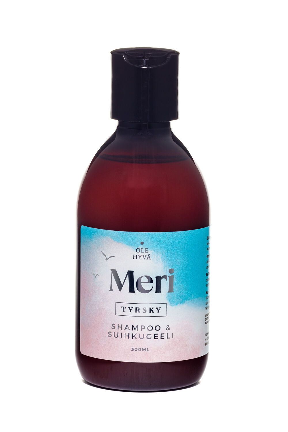 A bottle of Meri Tyrsky shampoo and shower gel, 300ml, with a black cap. The cylindrical plastic bottle has a matte finish. The label features a gradient pastel sky with bird silhouettes and Finnish text in sans-serif font. No people or hands are present. The product is photographed against a plain backdrop in even lighting.
